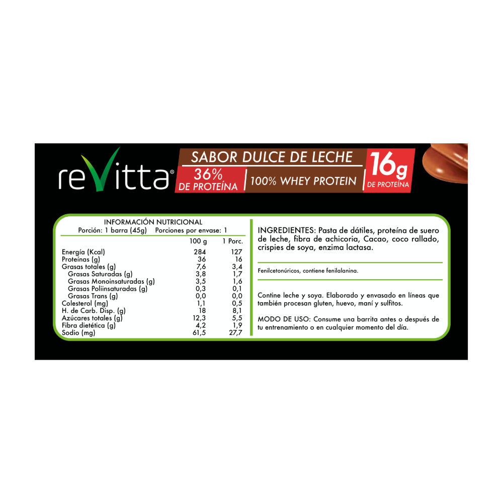 Tabla nutricional barra proteína dulce de leche